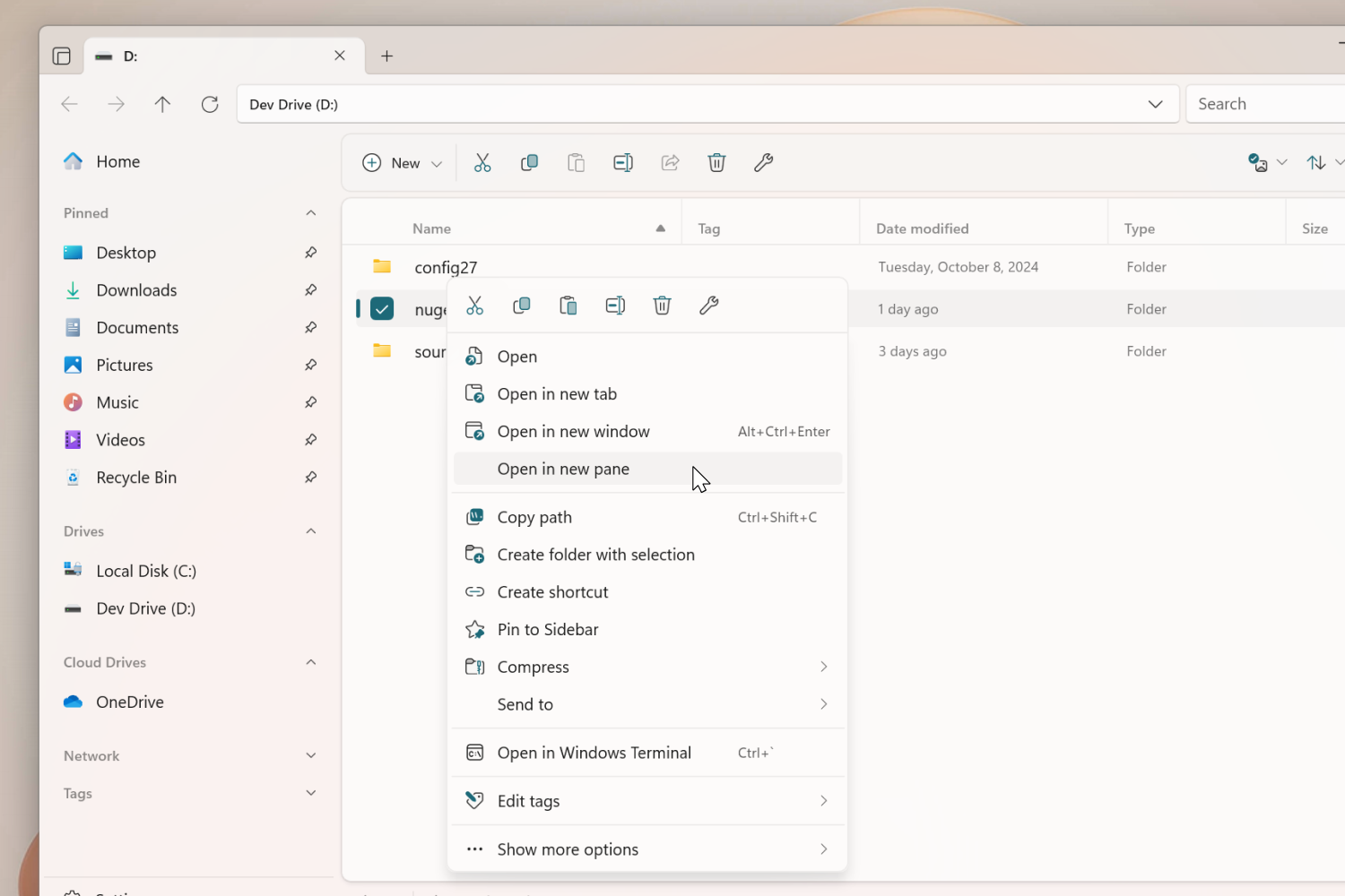 Open folder in new pane