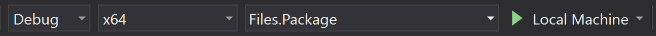 VS Run config: Debug, x64, Files.Package, Local Machine