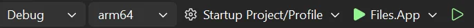 VS Run config: Debug, x64, Files.App, Local Machine